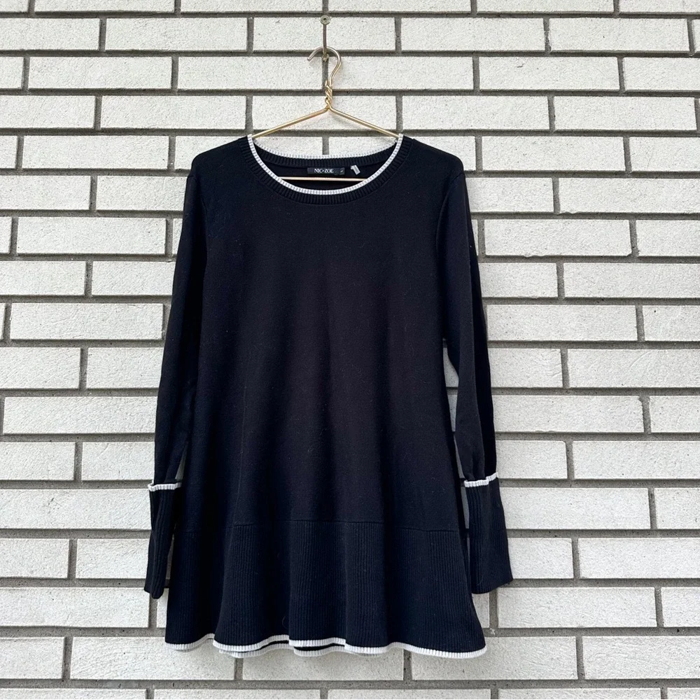 NIC+ZOE Black Knit Tunic Sweater L Off White Trim Cuffs Tie Back Layered Hem